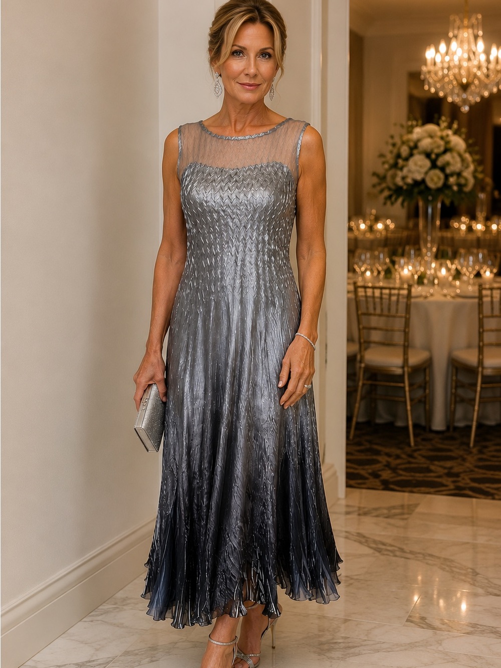 Komarov Silver Gray Ombré A-Line Sheath Dress SZ S